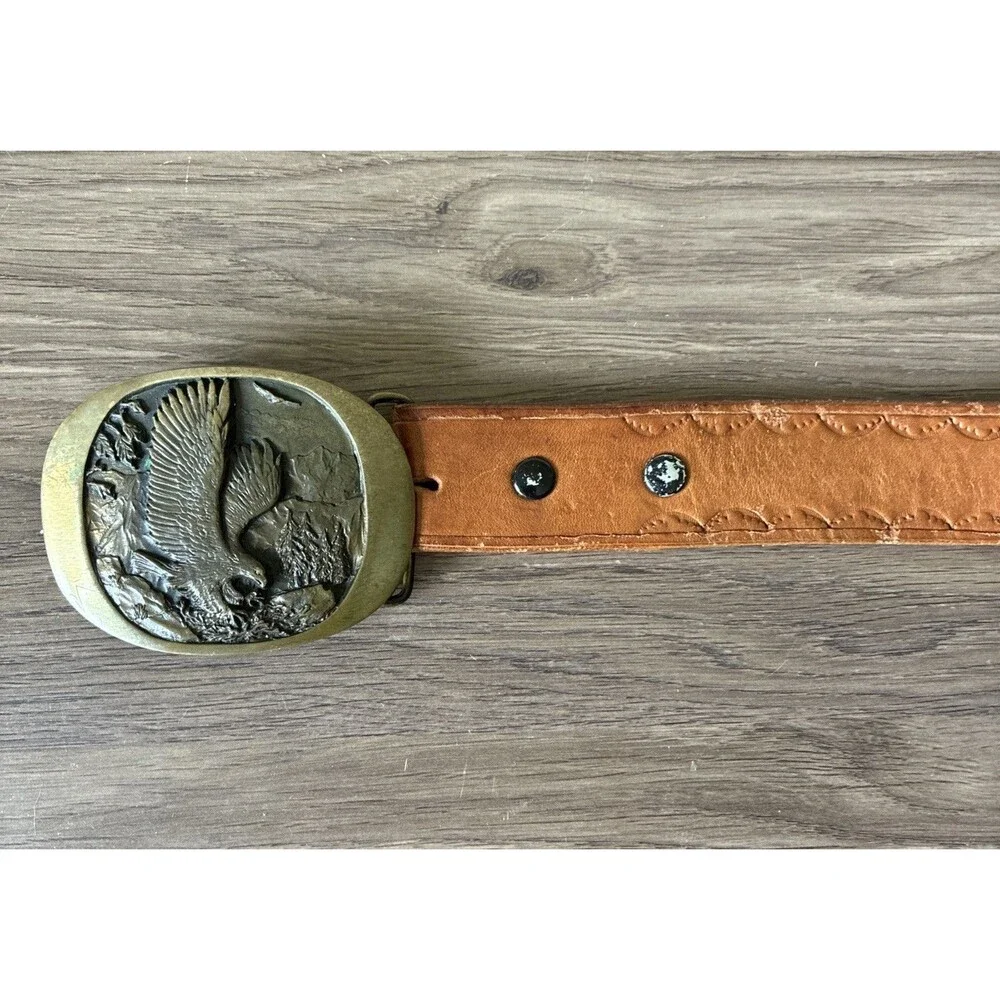 VTG High Mesa American Eagle Solid Bronze Belt Buckle & Leather Belt, Size 36